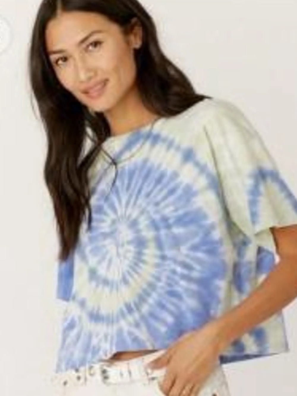 stradivarius Blue and White Tie-Dye Short Sleeve Crop Top in size large